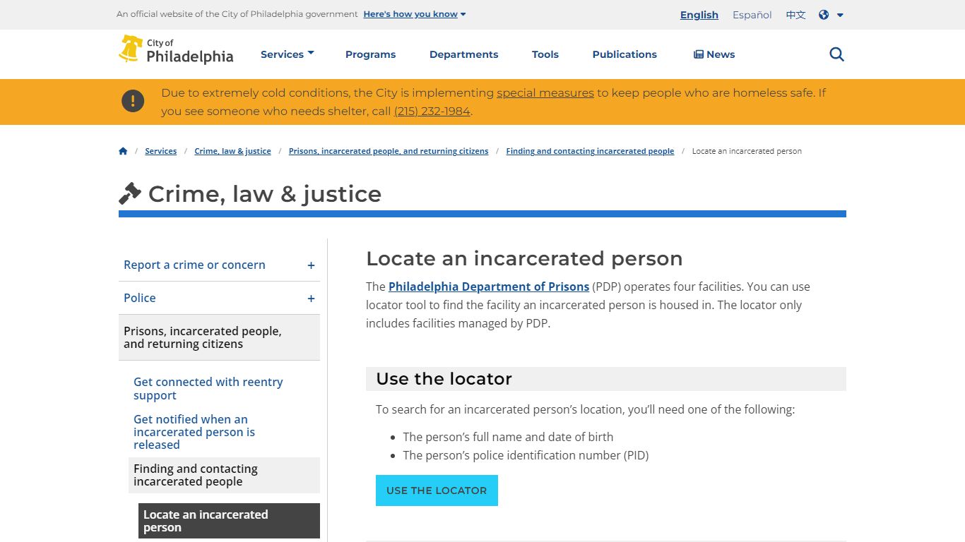 Locate an incarcerated person | Services | City of Philadelphia