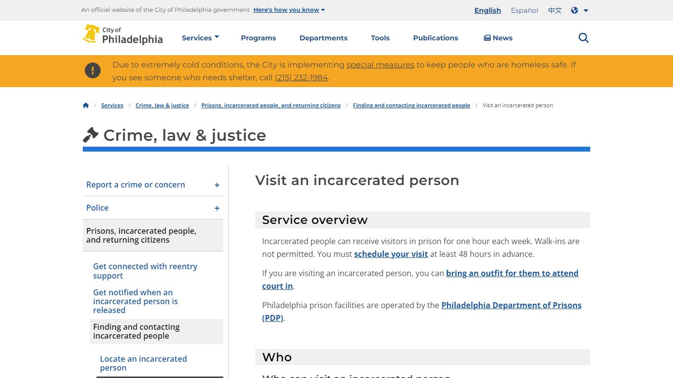 Visit an incarcerated person | Services | City of Philadelphia